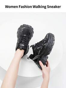 somiliss Teniși cu șireturi și platformă de 6 cm pentru femei, plasă respirabilă, decorați cu strasuri, antiderapanți, pantofi sport casual, versatili, potriviți pentru toate anotimpurile, negri