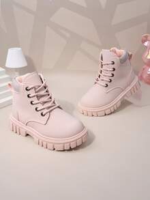 1 双粉色幼儿/儿童哑光柔软军靴，圆头，保暖厚底，前部系带，侧面拉链，经典短靴，适合男孩/女孩，休闲，学校，度假，派对，秋冬 - 粉色 - 查看 3