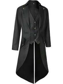 Mens Pirate Coat Steampunk Jacket Tailcoat Renaissance Jacket Halloween Hatter Costume - Black - View 2
