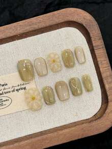 10PCS Short Coffin Handmade Press On Nails For Party And Daily Wear,Summer Nails,Japanese-Style Flower Drawing Nail, Halloween Party. Halloween Party,Easy To Wear10pcs Y2K Handmade Press On Nails,Spring And Summer Style,Suitable For Girls And Women Festivals Parties And Daily Wear Nail Supplies Handmade Press On Nails - Khaki - View 8