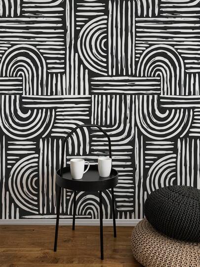 Black & White Abstract/Floral Peel And Stick Wallpaper, Modern Geometric Striped Removable Wallpaper, Home Decor Wall Art, Room Decor, Waterproof Wall Sticker, Elegant Mural, Home Decoration, Wall Art, Wall Decor, 17.7 Inches X 9.8 Feet