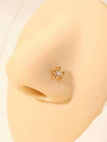 1 件装精致不锈钢镀金/镀银水晶镶嵌花朵及彩色锆石设计 L 形鼻钉，女士适用 - 适合日常佩戴、派对及时尚造型