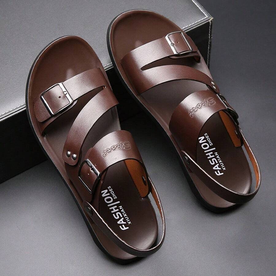 Men's Fashion Buckle Slippers, Minimalist Large Size Comfortable Outdoor Open-Toe Sandals, Daily Versatile Casual Non-Slip Mens Shoes - 棕色 - 查看 1
