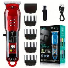 Vintage Transparent Body Men's Hair Clipper | Professional Electric Trimmer With LCD Screen - Hair Cutting & Beard Trimming  Wireless USB Charging  Ideal Valentine's Day Gift For Husband & Dad(Yellow/Green/Red/Black) - Đỏ - Xem 1