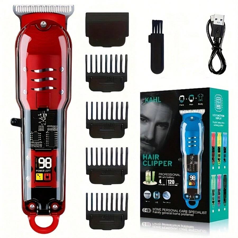 Vintage Transparent Body Men's Hair Clipper | Professional Electric Trimmer With LCD Screen - Hair Cutting & Beard Trimming  Wireless USB Charging  Ideal Valentine's Day Gift For Husband & Dad(Yellow/Green/Red/Black) - Đỏ - Xem 1