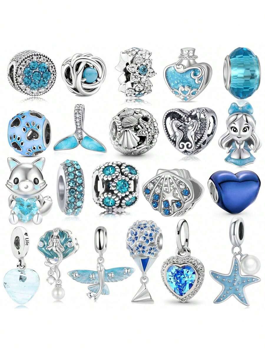 1pc Silver Glitter Blue Zirconia I Love You Letters Ocean Love Lucky Four-Leaf Perfume Bottle Beach Lookout Starfish Turtle Whale Dolphin Fish Ocean Bikini Conch Plane World Trip Rose Love Mom Pendant Ornament Original Bracelet Necklace Bracelet Beads DIY Jewelry Making Gift Women Girl - Silver - View 1