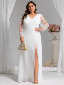 Elegant Chiffon High Slit Embroidered Long Sleeve White Formal Dress, Suitable For Bridal Engagement Party Wear, Spring/Summer