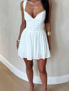 Women's Summer Mini Dress Stylish Solid Lace Trim Flower Embroidered Hollow Details Sleeveless V Neck A Line Dress - trắng - Xem 5