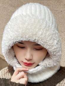 1pc Solid Color Casual Polyester Fluffy Splice Warm Knitted Neck Gaiter Scarf For Autumn/Winter Autumn Decor