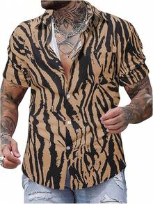 Men's Hawaiian Zebra Print Shirt Button Up Short Sleeve Collar Animal Print Shirt Tops Cheetah Print Topshalloween - Brown - View 1