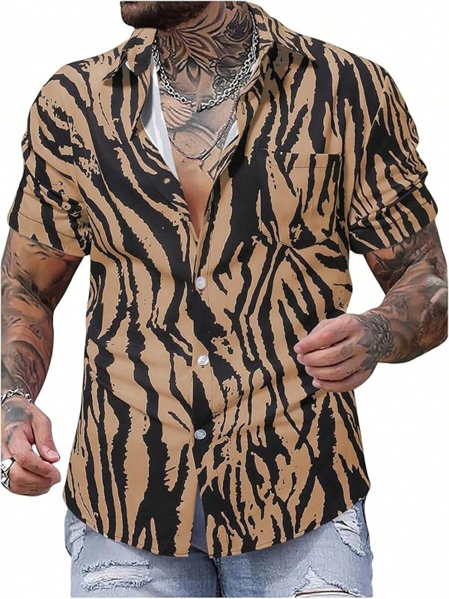 Men's Hawaiian Zebra Print Shirt Button Up Short Sleeve Collar Animal Print Shirt Tops Cheetah Print Topshalloween - Brown - View 1