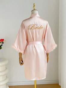 Belted Bathrobe With Alphabet Embroidery For Women, Luxury And Comfortable And Elegant Details For Autumn,Wedding Bathrobe, White Wedding Dress With Gold Embroidery, Nightwear,For Daily Wear, Comfortable And Elegant Details, For Autumn And Winter