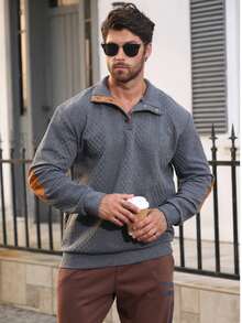 男士提花针织卫衣，秋冬简约立领打底衫，纯色圆领T恤，男士长袖T恤，送给男友的节日礼物 - 灰色 - 查看 3