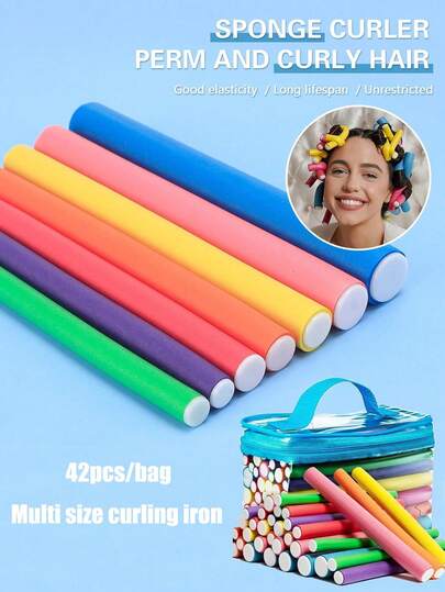 42pcs/Pack Universal Hair Curler Pads, Heat Resistant Foam Rollers, Rubber Curling Rods, Heat Insulation Curling Rods, PVC Bag Packed Hair Curling Rods