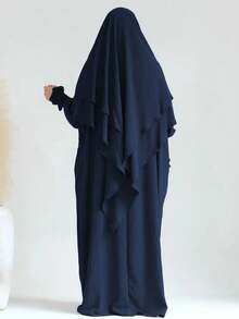 Bộ 2 món: 1 Đầm tay bèo nhún đơn giản màu trơn + 1 Khăn trùm đầu hai lớp, thích hợp cho việc cầu nguyện hàng ngày - Nhiều màu - Xem 2