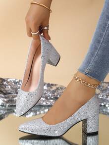 Tacones altos de tacón grueso con lentejuelas de unicolor elegante para mujer, nuevos para el otoño de 2025. Zapatos de tacón con puntera puntiaguda y brillantes rhinestones para mujer. Tacones altos de moda para fiestas, banquetes, bailes, versátiles para primavera, verano y otoño.