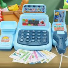 Tecforood 1 Mini Simulated Cash Register Toy With Light Blue As The Main Color And Printed With Cute Patterns Such As Fruits. It Has A Cute Supermarket Style, High-Quality Plastic Material, And Restores The Shape Of A Real Cash Register (Including Rich Details Such As Calculator And Card Reader), The Basic Model Has No Sound Function