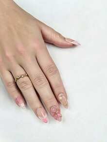 10 件装温柔甜美风格杏仁粉状腮红按压指甲，粉状腮红花朵设计，镀金边缘装饰和粉色渐变点缀纯手工美甲，夏季必备假指甲，适合日常佩戴、婚礼、派对和节日，是送给女士和女孩的最佳礼物 - 淺粉色 - 查看 7