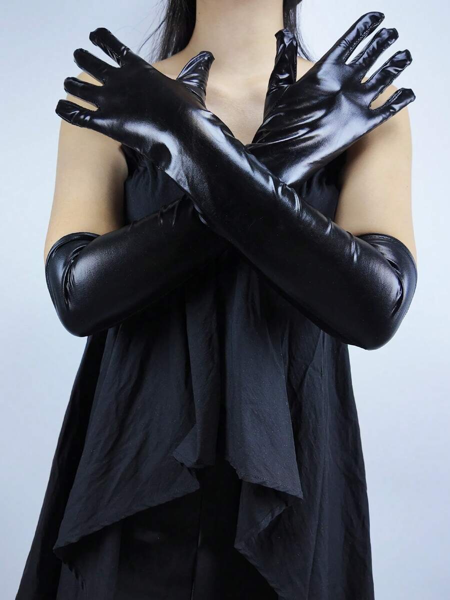 1 Pair Glossy Reflective Long Fingerless Gloves, Sexy Nightclub Costume Accessory For Halloween, Date Night, Cosplay - A - View 1
