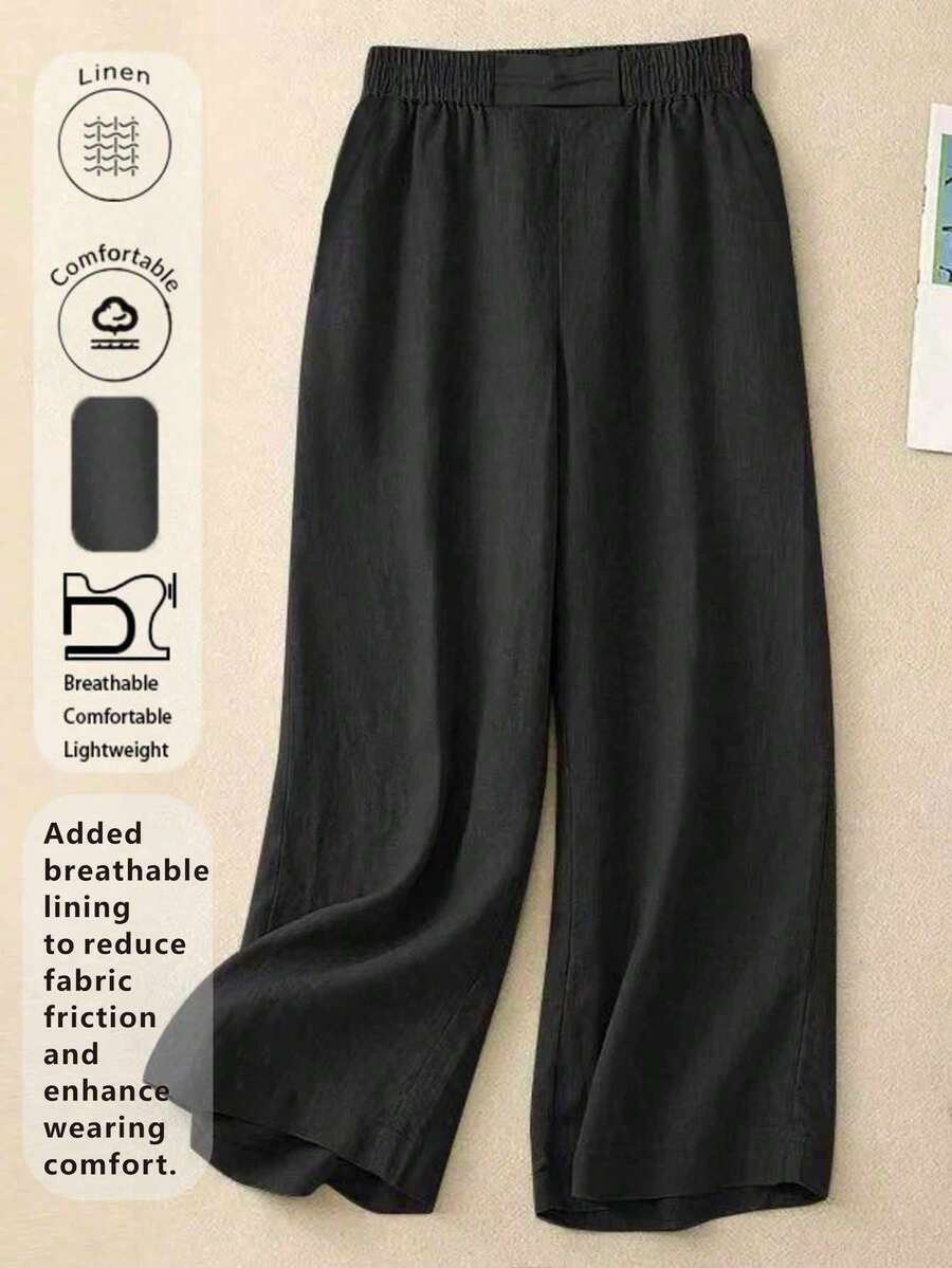Women's Elastic Waist Linen Long Pants, Breathable Hand-Stitched Button Detail Casual Trousers, Suitable For Spring, Autumn And Summer Black - Black - View 1