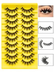 10 Pairs D-Curl False Eyelashes,3D Faux Mink Lashes,Natural Full False Eyelashes ,Invisible Transparent Stem,Naturally And Fluffy Unique Design,Natural Look, Dramatic Lashes,Suitable For Daily Wear - 俄羅斯條狀假睫毛 - 查看 4