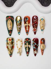 10片/套 手工杏仁形Y2K坏女孩风格美甲贴片，红色、金色、绿色、白色、橙色扎染美甲贴片，带有十字架、宝石、星星、爱心、珠子等图案，适合派对、婚礼、日常佩戴，包含工具包，是送给女性和女孩的绝佳礼物。 - 彩色 - 查看 1