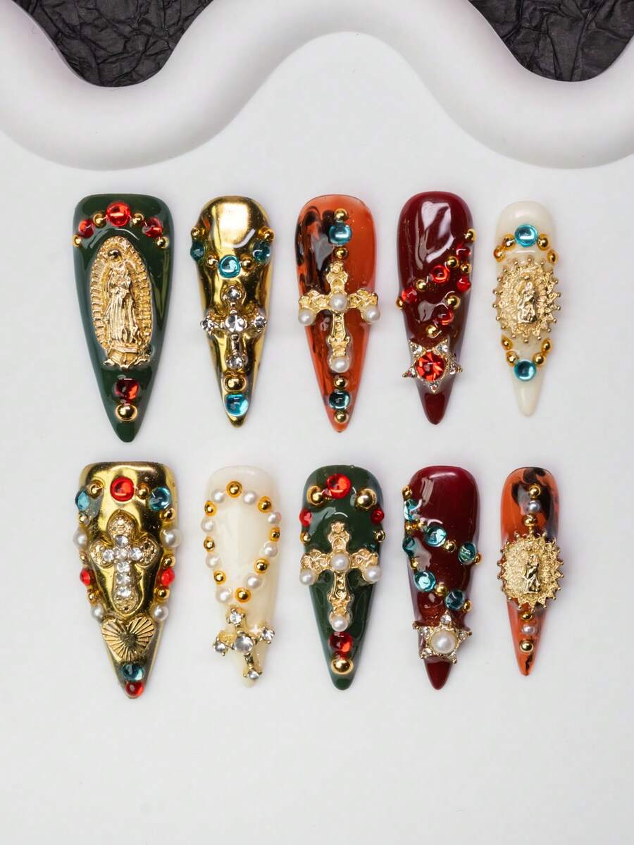 10片/套 手工杏仁形Y2K坏女孩风格美甲贴片，红色、金色、绿色、白色、橙色扎染美甲贴片，带有十字架、宝石、星星、爱心、珠子等图案，适合派对、婚礼、日常佩戴，包含工具包，是送给女性和女孩的绝佳礼物。 - 彩色 - 查看 1