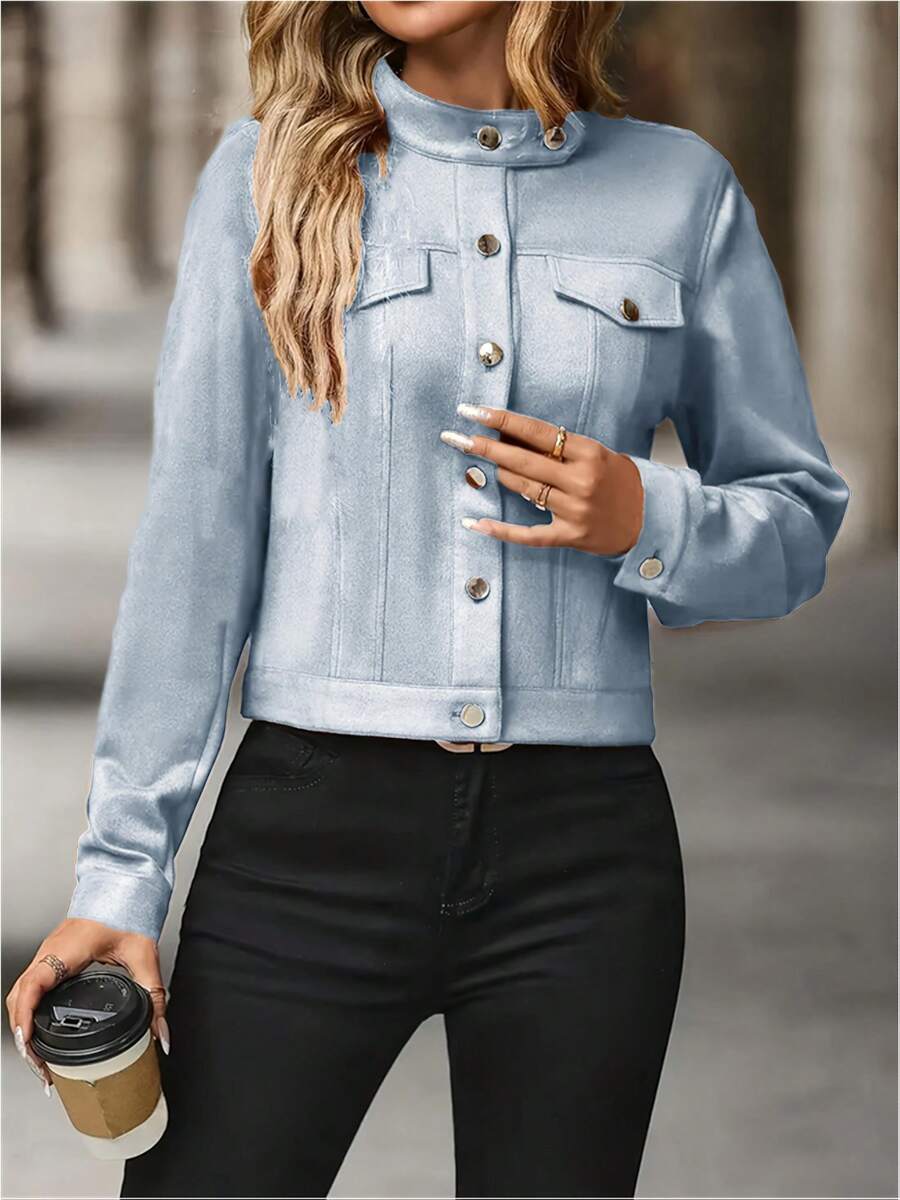 Fashionable Stand-Up Collar Long-Sleeved Jacket, Decorative Cover, Front And Center Buttons, Soft And Comfortable, Suitable For Spring And Autumn Seasons;Cropped Collared Single-Breasted Utility Jacket: Pocket Details For Casual Wear;For Texture Enthusiasts! Short Utility Jacket With Lapel + Pockets, Soft And Drapey Fabric, Suitable For Both Commuting And Going Out - Màu xanh lam - Xem 1