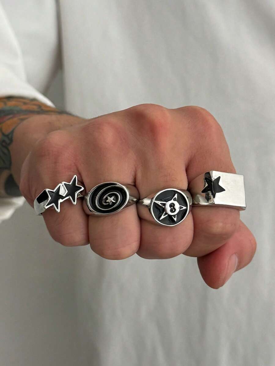 Bộ 4/3 nhẫn đính đá ngũ giác hình học bất đối xứng phong cách đường phố Hip Hop cổ điển, nhẫn xếp chồng cao cấp cá nhân hóa phù hợp cho nam giới, ngày lễ, tiệc tùng, hẹn hò, quà tặng, trang phục hàng ngày, trang sức đa năng - Bạc - Xem 1