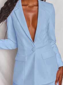 Women's Solid Color Lapel NeckLong Sleeve Single-Breasted Blazer And Pants Casual Suit, Autumn Spring - Baby Blue - View 4