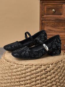 MonaNise 女士3厘米布面包跟黑色时尚百搭玛丽珍低跟粗跟优雅平底鞋，另有藏蓝色、咖啡色、酒红色可选 - 黑色 - 查看 5