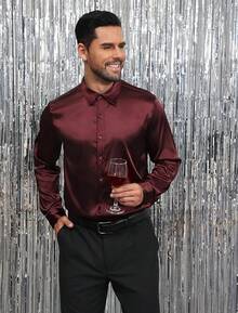 Mens Silk Satin Shirts Long Sleeve Button Down Loose Fit Dress Shirt Luxury Party Prom Wedding Shirtshalloween - 酒紅色 - 查看 4