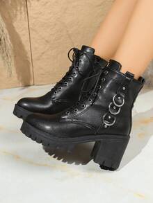 Botas Femininas Estilosas de 8 Furos, Botas Cano Médio Estilo Britânico, Botas Curtas Versáteis e da Moda para Mulheres no Inverno de 2025, Botas de Motociclista com Salto Grosso e Alto