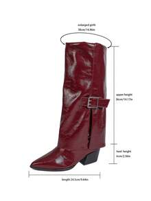 Women's High Heel Boots, Pointed Toe Chunky Heel Wedge Cowgirl Style Thigh High Boots, Retro Knee-High Boots, Fashion Western Boots - Burgundy - View 4