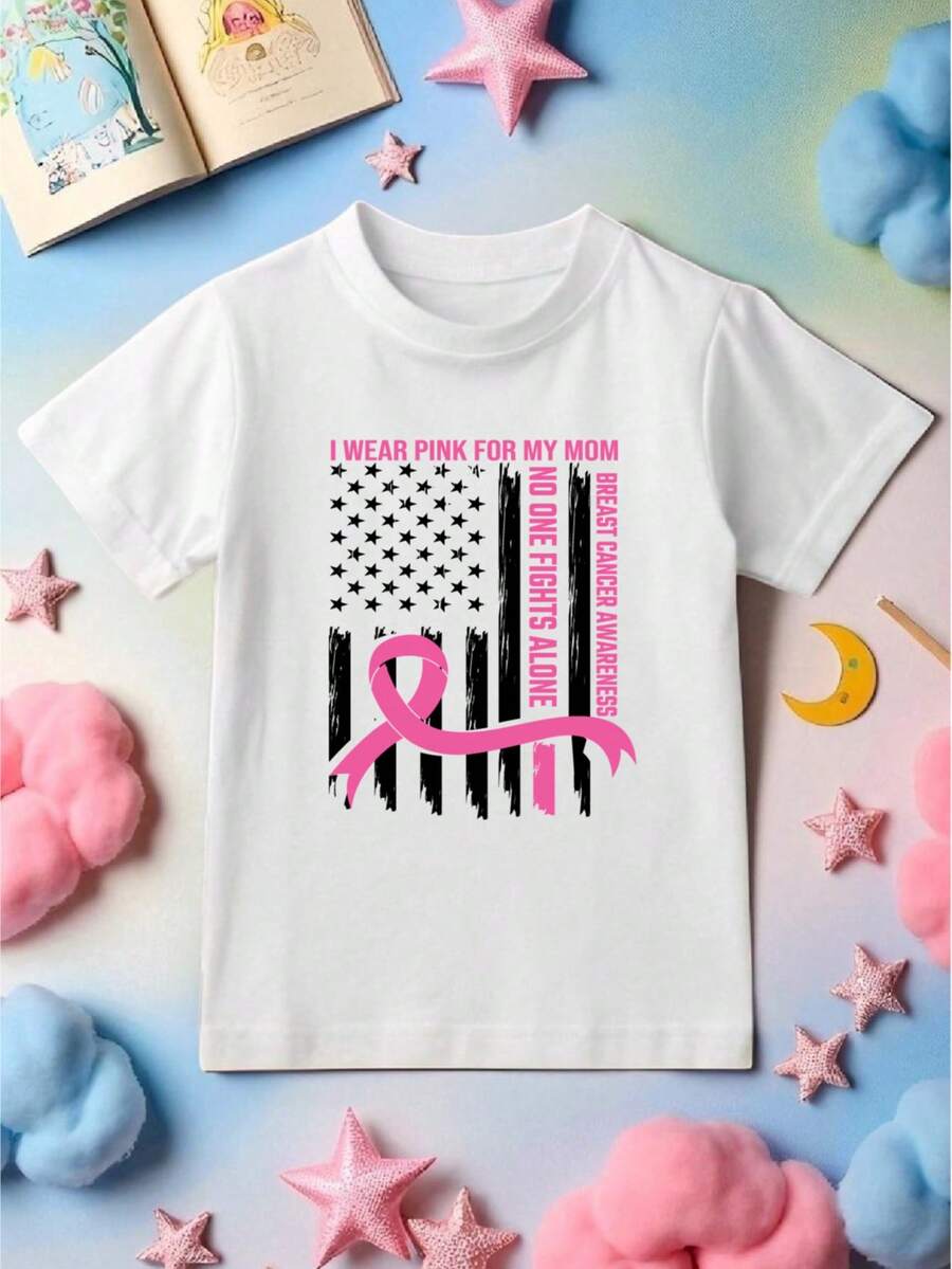 Custom American Flag Breast Cancer Awareness Kids Shirt, Unisex Personalized USA Pink Ribbon Tee With Name, Matching Supporting T-Shirt, Survivor Gift, Shirt For Fighter. CU-145 - trắng - Xem 1