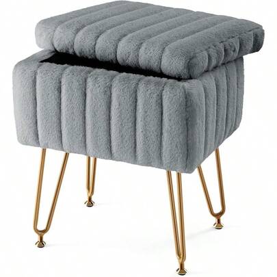 Vanity Stool Chair With Storage 18.9H X 16L X 12.2W Ottoman Chair Faux Fur Soft Padded Makeup Footstools Seat With 4 Metal Legs AntiSlip Adjustable Feet For Make Up Grey
