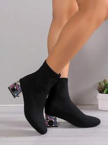 Stivali di moda con decorazioni di strass e tacco spesso adatti per l'abbigliamento invernale da donna, stivali a calza lavorati a maglia, colore nero, nuovo design per l'autunno/inverno