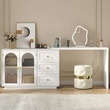 Large Extendable Makeup Vanity Desk, Corner Vanity Table With 3 Drawer & 2 Door, Modern Dressing Table And Chest Of Drawers Combo, Accent Vanity For Bedroom, Dressing Room - White - View 1