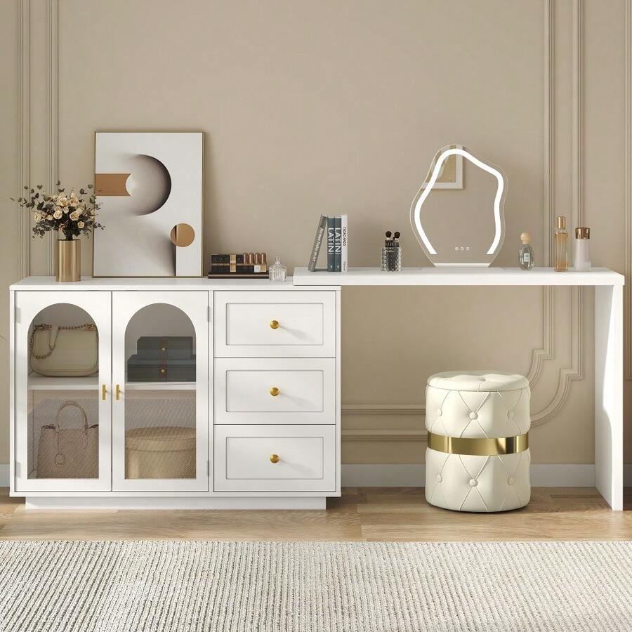Large Extendable Makeup Vanity Desk, Corner Vanity Table With 3 Drawer & 2 Door, Modern Dressing Table And Chest Of Drawers Combo, Accent Vanity For Bedroom, Dressing Room - White - View 1