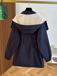 女士秋冬夹克，时尚拼接大翻领连帽设计，抽绳腰部，高品质时尚百搭外套风衣