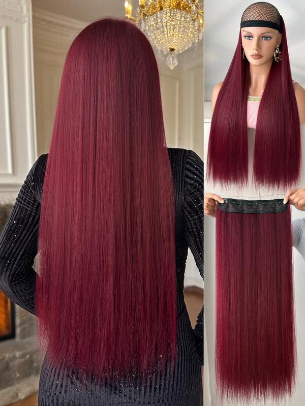 28 Inch Burgundy Straight Long Synthetic Hair Ponytail Extension, Suitable For Women