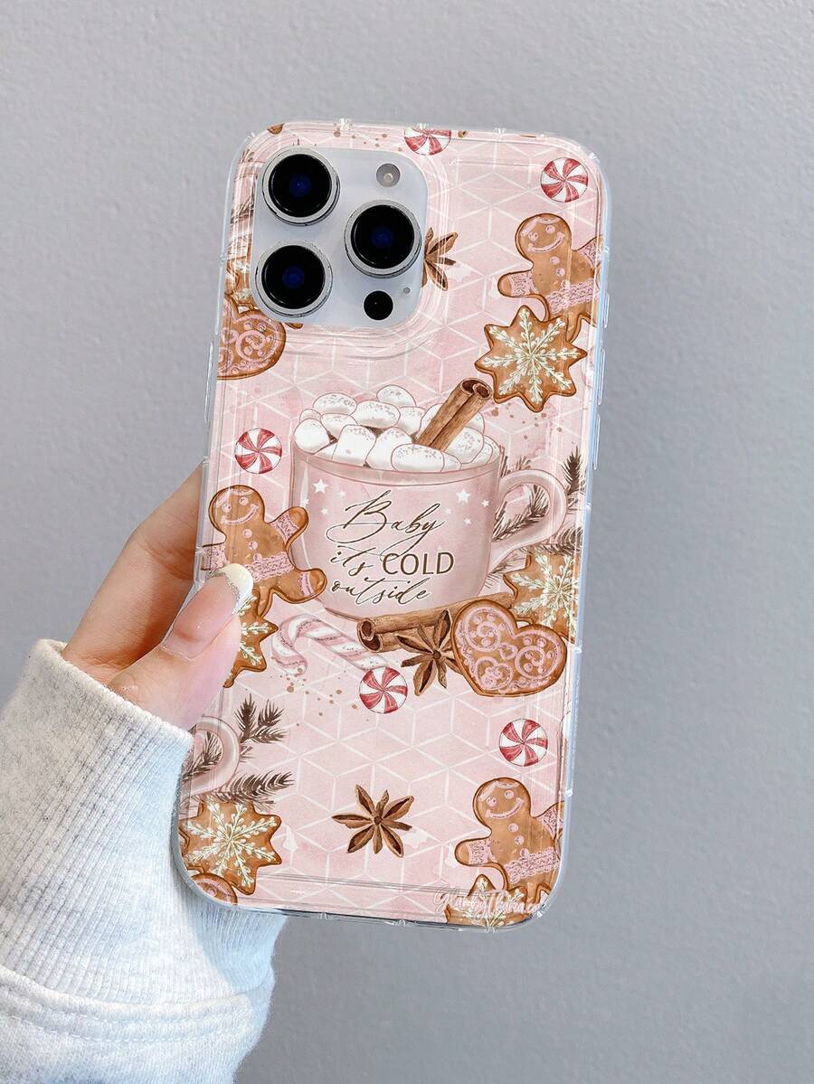 1pc Coffee Gingerbread Man Pattern, Airbag Transparent Anti-Fall TPU Phone Protective Case, Suitable As Holiday Gift Compatible With Apple XS/XS Max/XR/11 12 13 14 15 16 Pro/Pro Max/14 15 16 Plus, Unisex, Also Compatible With Samsung Phones