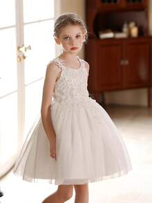 少女白色蕾丝刺绣薄纱花童婚纱 - 白色 - 查看 5