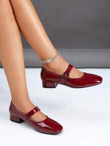 1 Par de Sapatos Boneca Marrom Vinho e Preto Clássicos de Couro Envernizado Femininos, Estilo Retrô Elegante Francês, Bico Quadrado Salto Grosso de 3cm, Elegante e Versátil para Trabalho e Transporte