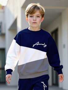 2pcs/Set Boys' Patchwork Color Letter Print Long Sleeve Sweatshirt And Drawstring Pants, Simple Casual Fashion Children Clothing For Spring, Autumn & Winter