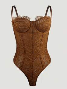 1pc Lace Bodysuit, Sexy Clubwear For Going Out, Party, Backless Camisole, Fitted Spaghetti Strap Top - Brown - View 5