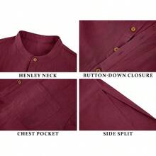 Mens Kurta Cotton Linen Henley Shirts Kaftan Short Sleeve Lounge Plain Gown Shirt-20256688 - 酒紅色 - 查看 3
