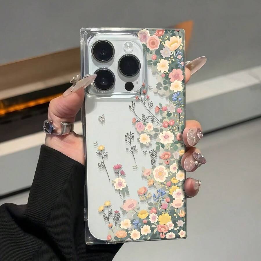 Funda con diseño de cubos florales, compatible con phone 12, 13 Pro, 14, 15, 16 Pro Max/Plus. Funda protectora transparente con ángulo recto y orificio grande, con textura de alta calidad, ideal para mujeres en días primaverales. - transparente - Ver 1