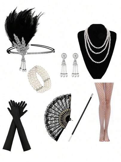 1920s Women Gatsby Party Headpiece Feather Headband Earrings Gloves Cigarette Holder Fan Lace 7 In 1 Set, Elegant Vintage Costume Accessories For Masquerade Ball, Halloween Party Valentine's Day Valentines Prom