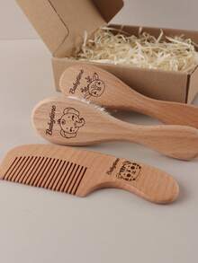 Customized Baby Shower Gift Set Natural Beechwood Flat Comb Set With Wool Brush & Massage Cushion - Personalized Name & Animal Designs For Hair Care & Scalp Health,Christmas Gift Supplies